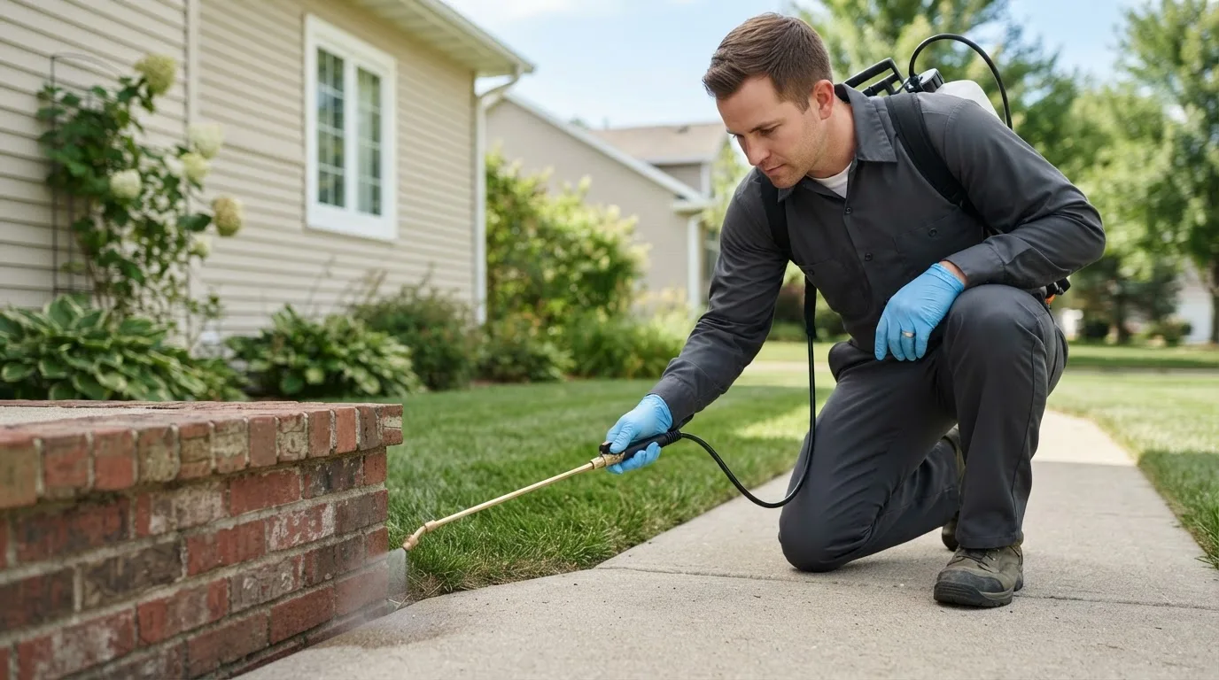 Pest control technician treating a home near Brodnax, VA